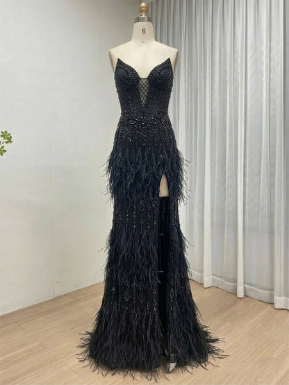 Luxe Champagne Beaded Evening Gown with Feather Hem & High Slit MC20127