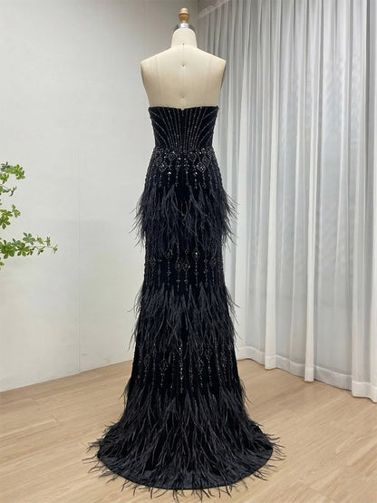 Luxe Champagne Beaded Evening Gown with Feather Hem & High Slit MC20127