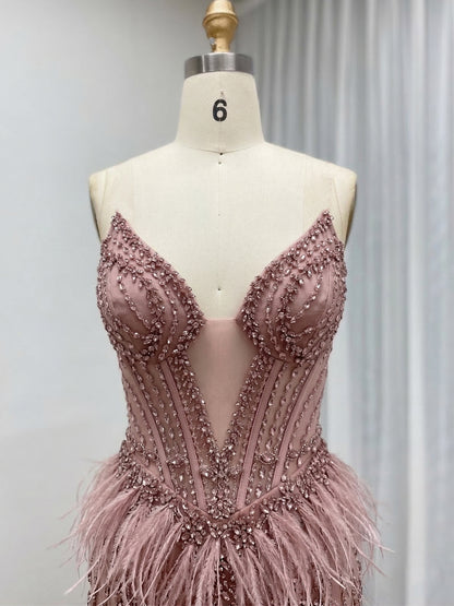 Luxe Champagne Beaded Evening Gown with Feather Hem & High Slit MC20127