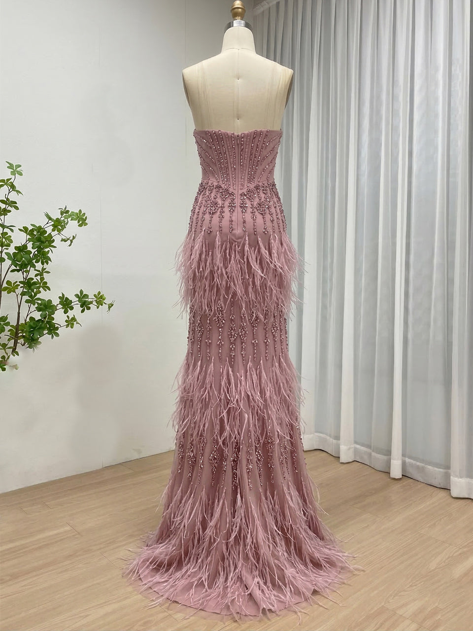 Luxe Champagne Beaded Evening Gown with Feather Hem & High Slit MC20127
