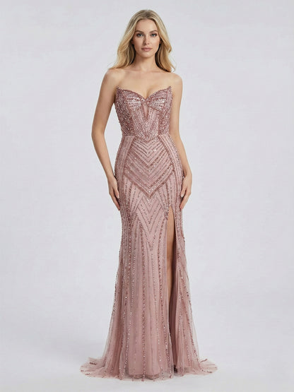 Sparkly Pink Handmade Beading Strapless Prom Dress - Mermaid Slit Gown MC20128