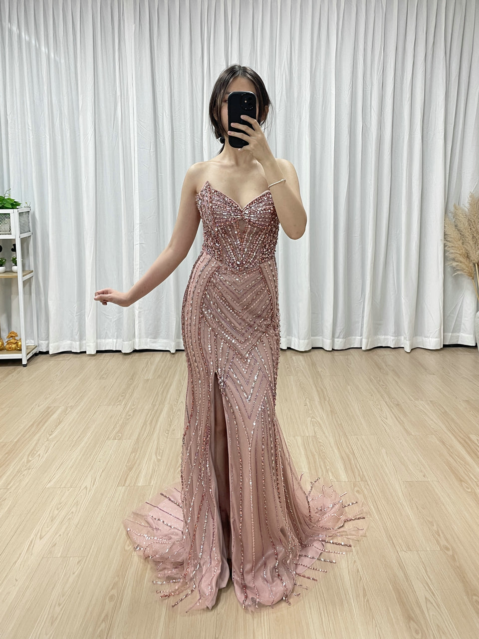 Sparkly Pink Handmade Beading Strapless Prom Dress - Mermaid Slit Gown MC20128