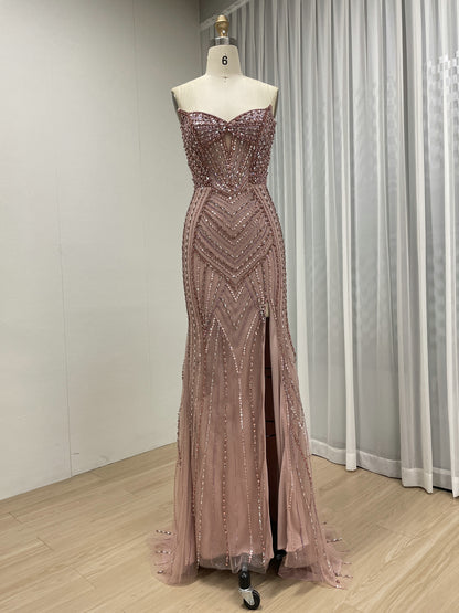 Sparkly Pink Handmade Beading Strapless Prom Dress - Mermaid Slit Gown MC20128