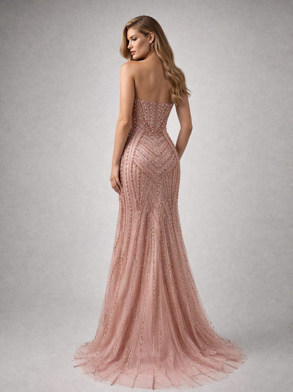 Sparkly Pink Handmade Beading Strapless Prom Dress - Mermaid Slit Gown MC20128