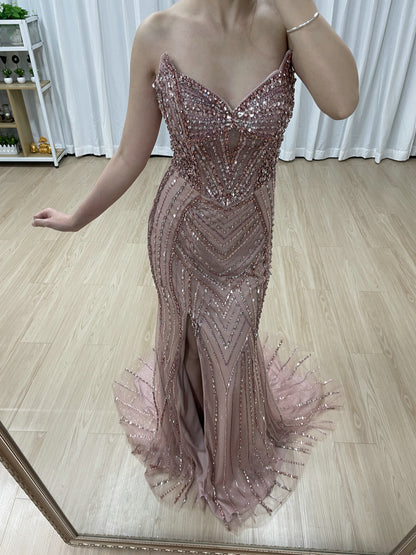 Sparkly Pink Handmade Beading Strapless Prom Dress - Mermaid Slit Gown MC20128