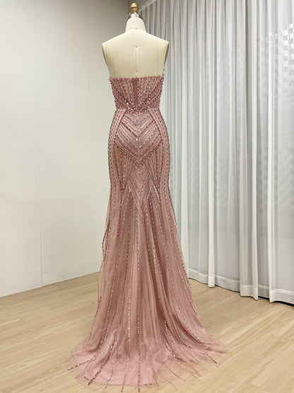 Sparkly Pink Handmade Beading Strapless Prom Dress - Mermaid Slit Gown MC20128
