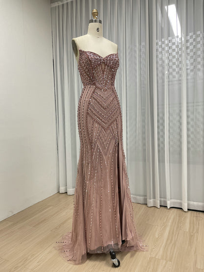 Sparkly Pink Handmade Beading Strapless Prom Dress - Mermaid Slit Gown MC20128