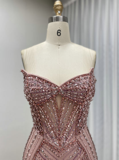 Sparkly Pink Handmade Beading Strapless Prom Dress - Mermaid Slit Gown MC20128