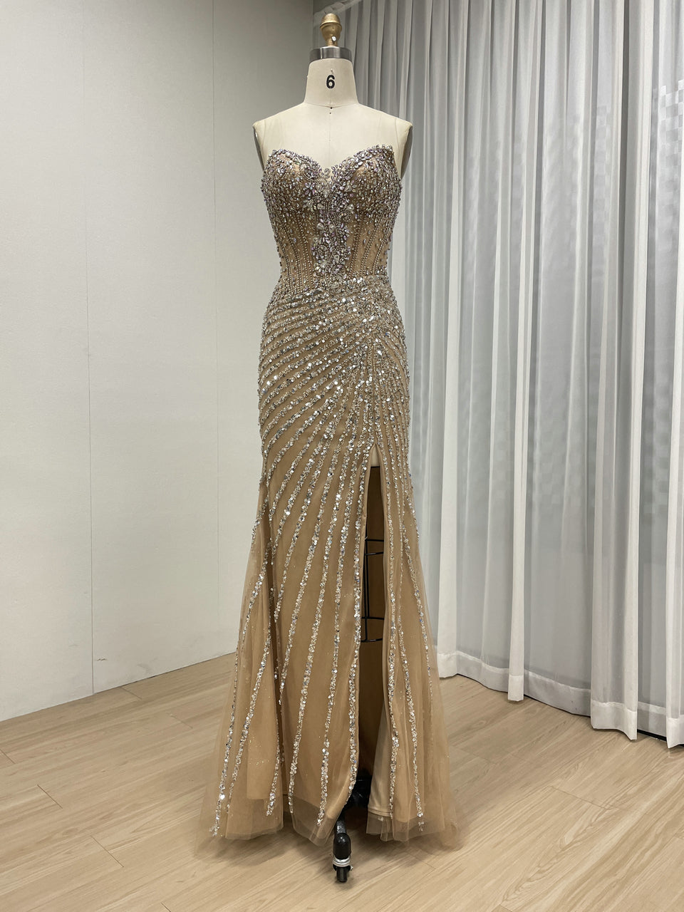 Luxurious Nude Illusion Sequin Mermaid Evening Gown with High Slit MC20129