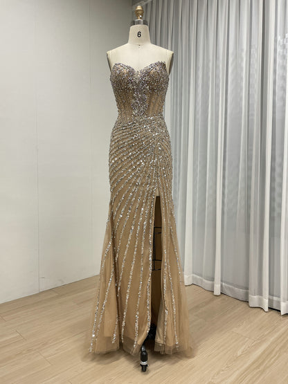 Luxurious Nude Illusion Sequin Mermaid Evening Gown with High Slit MC20129