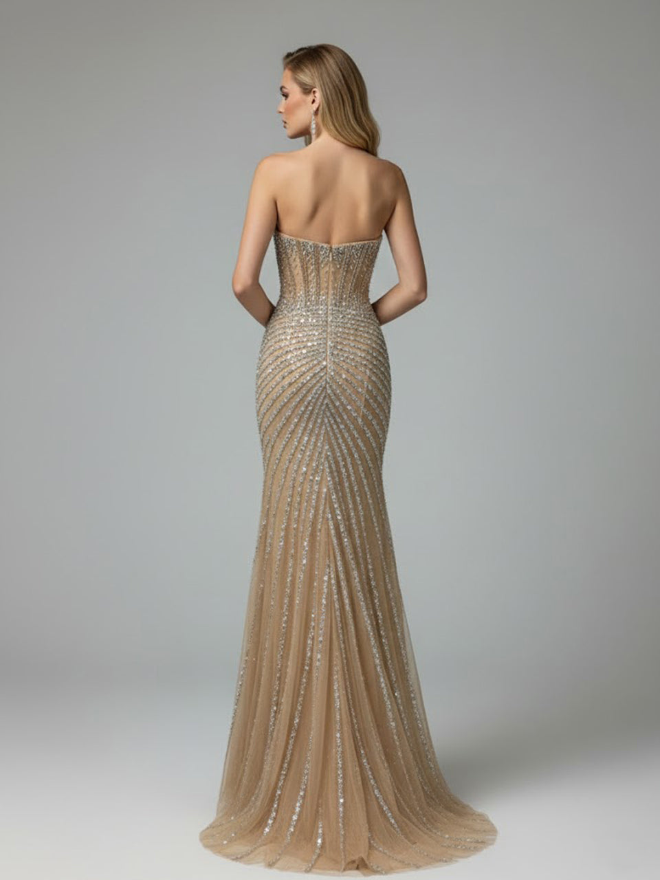 Luxurious Nude Illusion Sequin Mermaid Evening Gown with High Slit MC20129