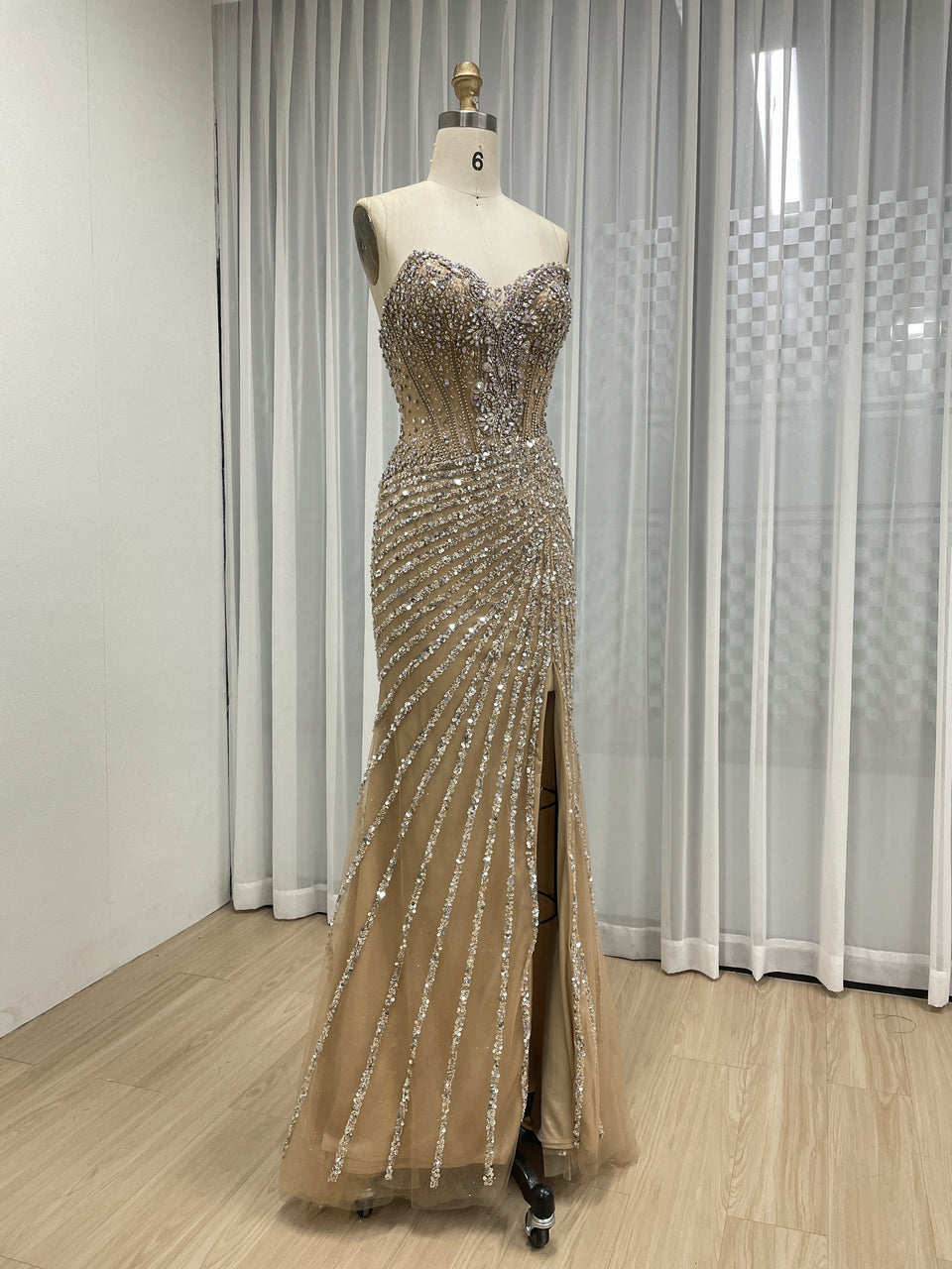 Luxurious Nude Illusion Sequin Mermaid Evening Gown with High Slit MC20129