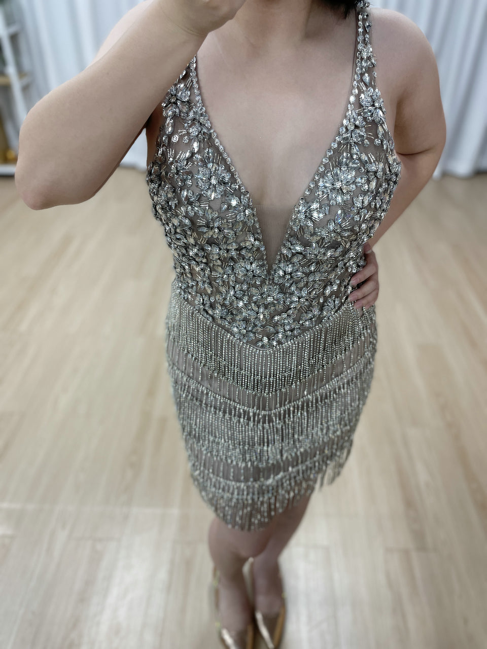 Sparkly Beaded V-Neck Mini Homecoming Dress with Fringe Skirt –- Caramel MC20130