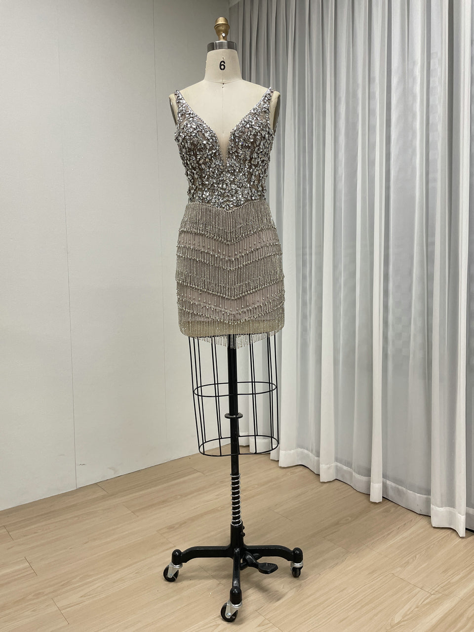 Sparkly Beaded V-Neck Mini Homecoming Dress with Fringe Skirt –- Caramel MC20130