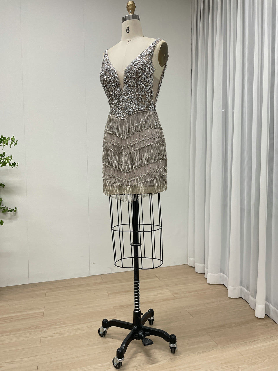 Sparkly Beaded V-Neck Mini Homecoming Dress with Fringe Skirt –- Caramel MC20130