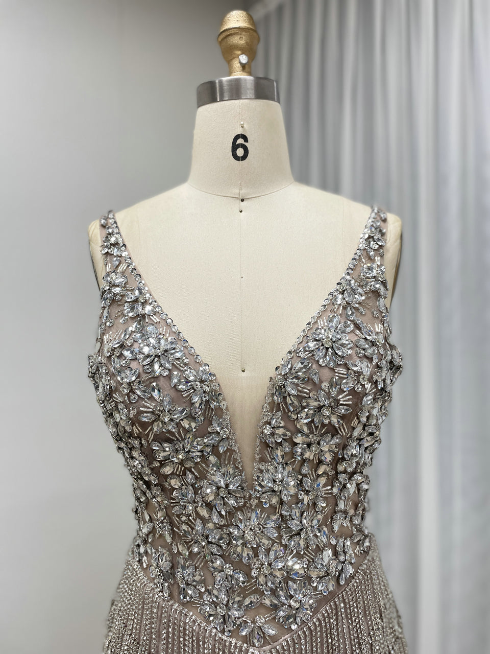 Sparkly Beaded V-Neck Mini Homecoming Dress with Fringe Skirt –- Caramel MC20130