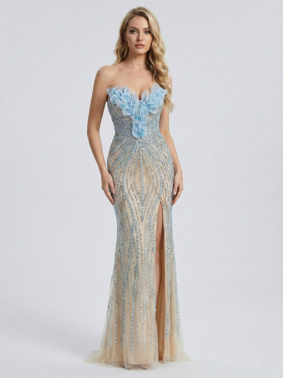 3D Floral Appliqué Handmade Beading Mermaid Gown – High Slit Evening Dress in Ice Blue MC20131