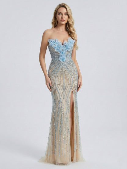 3D Floral Appliqué Handmade Beading Mermaid Gown – High Slit Evening Dress in Ice Blue MC20131