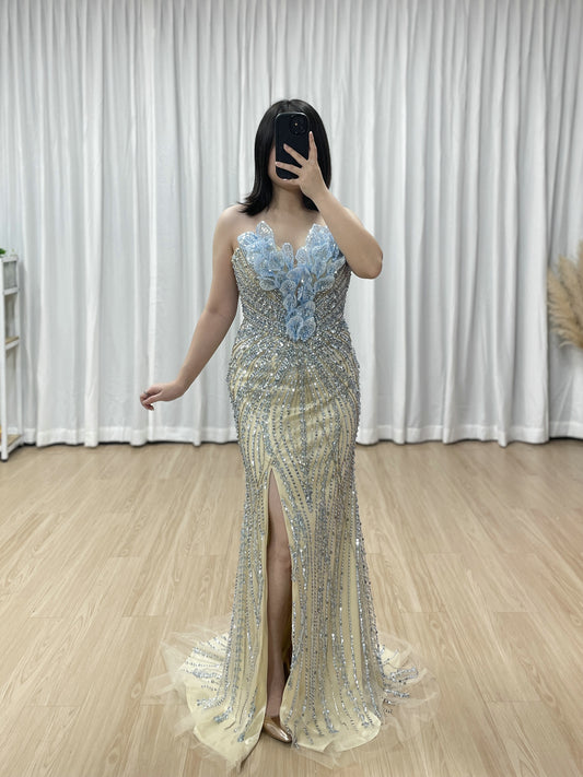 3D Floral Appliqué Handmade Beading Mermaid Gown – High Slit Evening Dress in Ice Blue MC20131