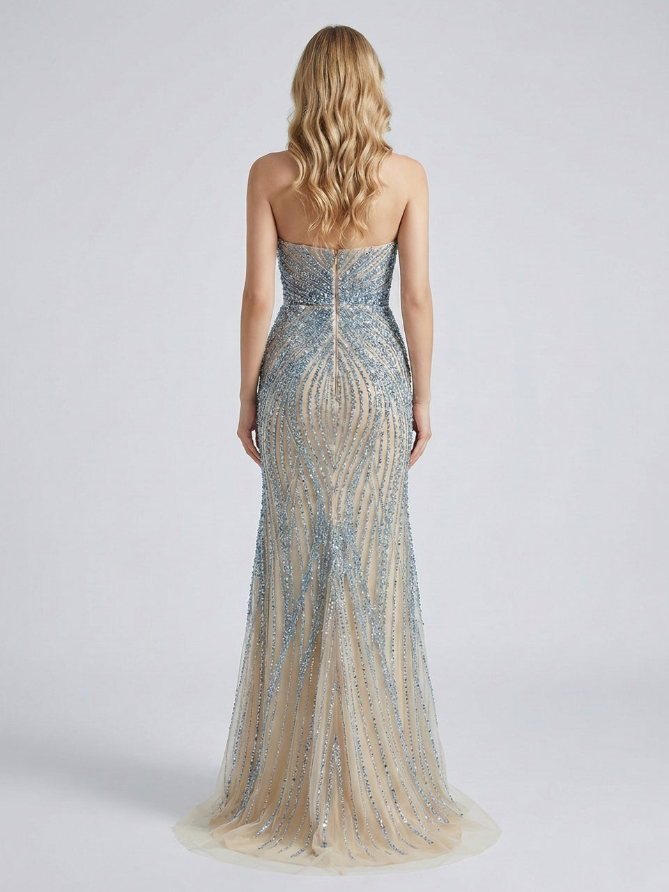 3D Floral Appliqué Handmade Beading Mermaid Gown – High Slit Evening Dress in Ice Blue MC20131
