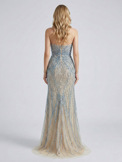 3D Floral Appliqué Handmade Beading Mermaid Gown – High Slit Evening Dress in Ice Blue MC20131