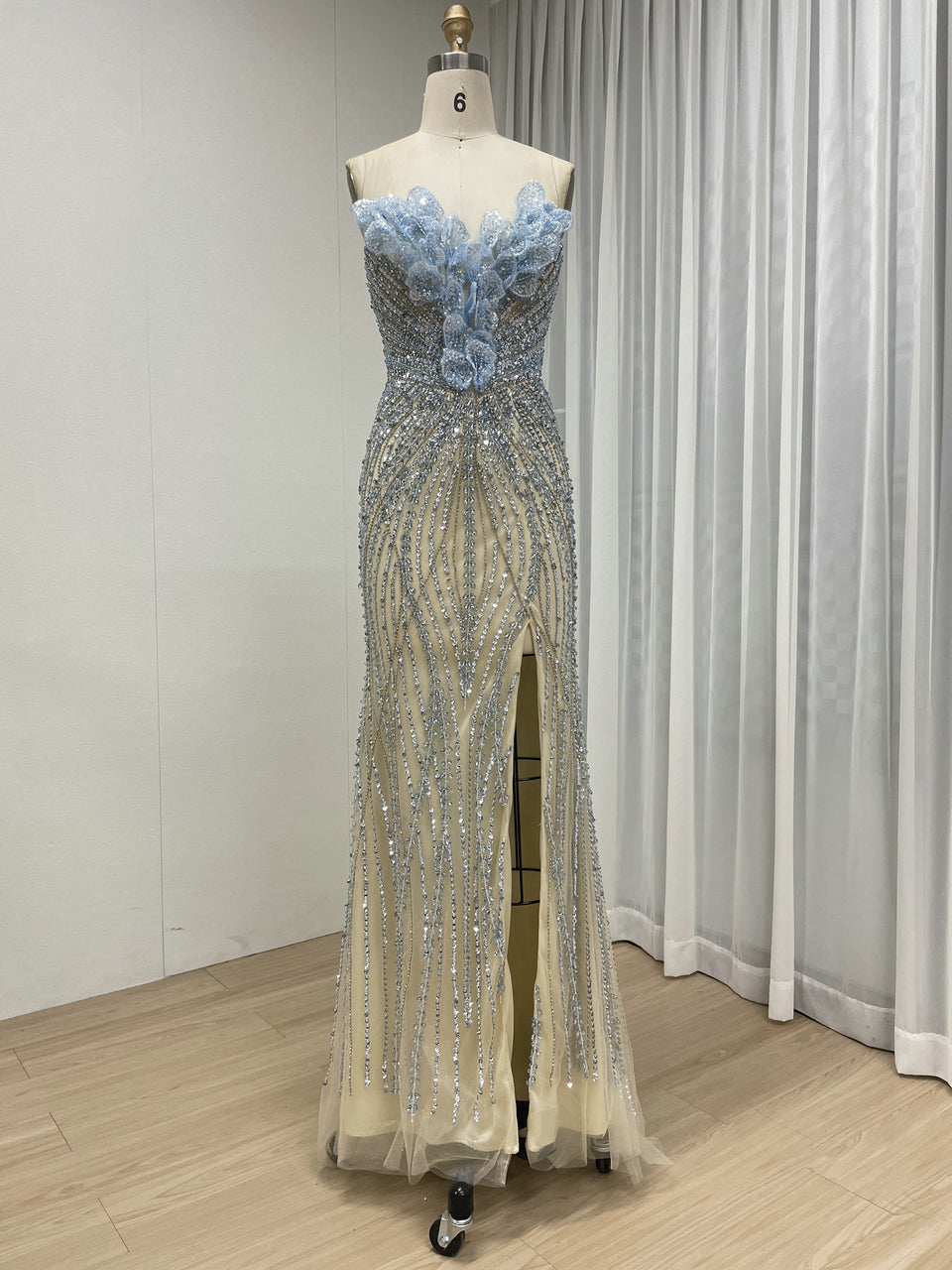3D Floral Appliqué Handmade Beading Mermaid Gown – High Slit Evening Dress in Ice Blue MC20131