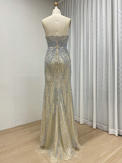 3D Floral Appliqué Handmade Beading Mermaid Gown – High Slit Evening Dress in Ice Blue MC20131