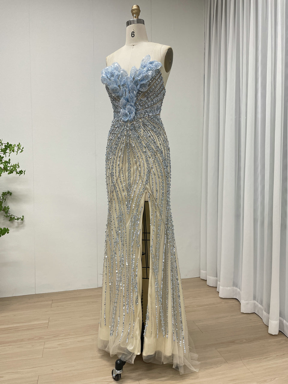 3D Floral Appliqué Handmade Beading Mermaid Gown – High Slit Evening Dress in Ice Blue MC20131