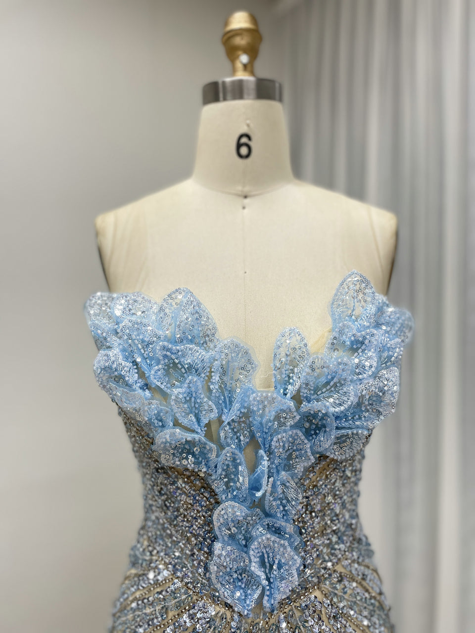 3D Floral Appliqué Handmade Beading Mermaid Gown – High Slit Evening Dress in Ice Blue MC20131