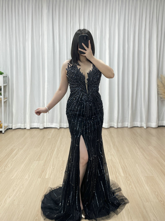 Black Beading Feather Wing Mermaid Evening Gown - High Slit Formal Dress MC20132