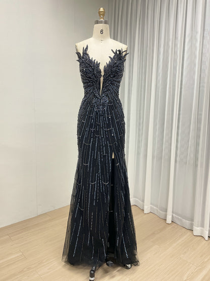 Black Beading Feather Wing Mermaid Evening Gown - High Slit Formal Dress MC20132