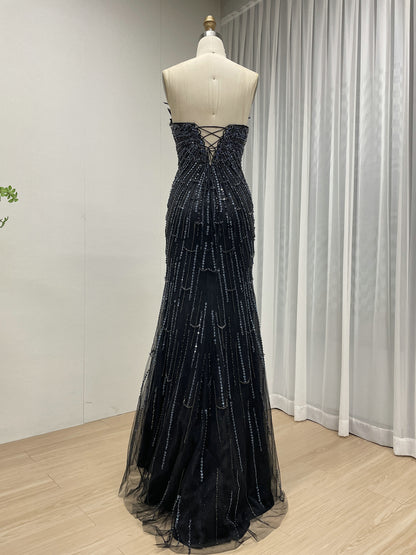 Black Beading Feather Wing Mermaid Evening Gown - High Slit Formal Dress MC20132