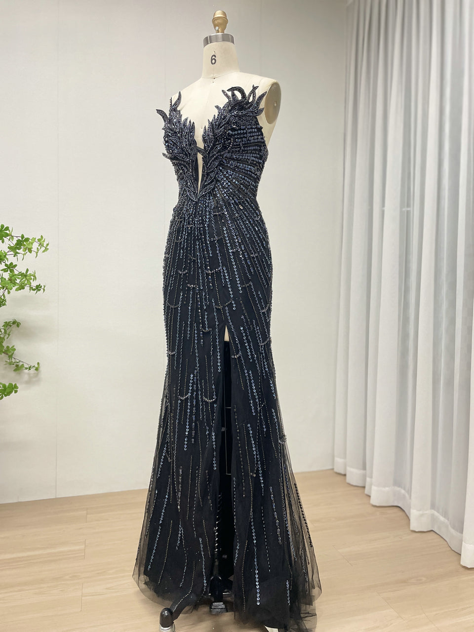 Black Beading Feather Wing Mermaid Evening Gown - High Slit Formal Dress MC20132
