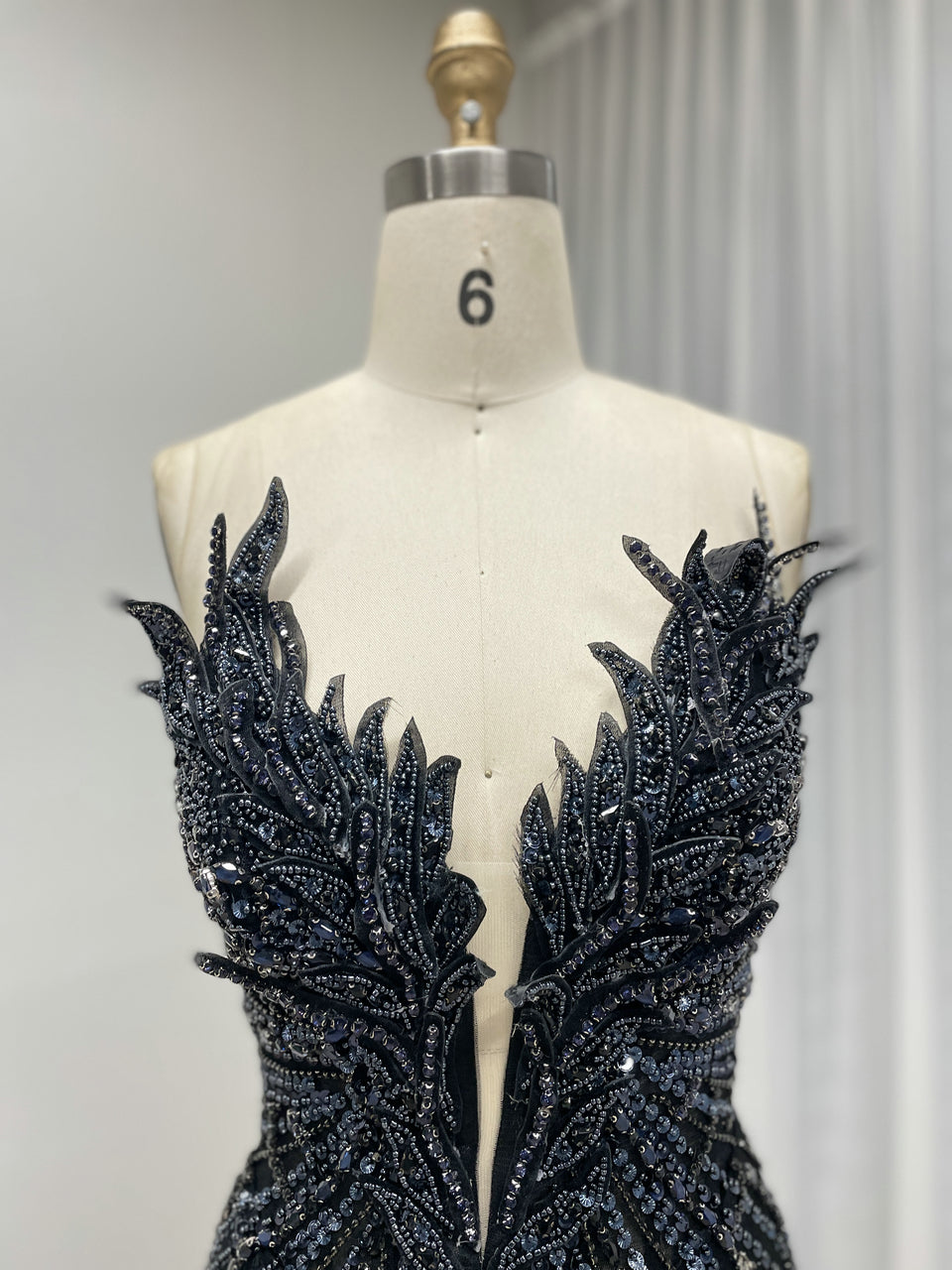 Black Beading Feather Wing Mermaid Evening Gown - High Slit Formal Dress MC20132