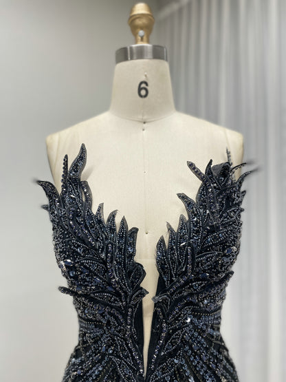 Black Beading Feather Wing Mermaid Evening Gown - High Slit Formal Dress MC20132