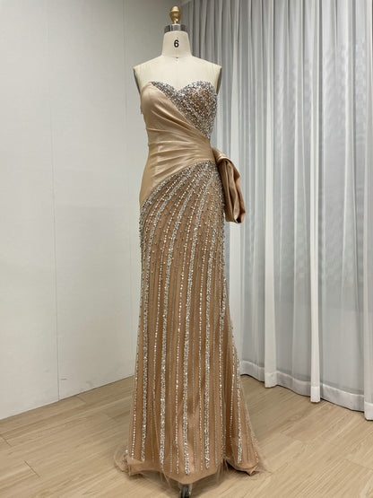 Nude Beading & Crystal Embellished Strapless Evening Gown - Asymmetrical Ruched Gala Dress MC20133