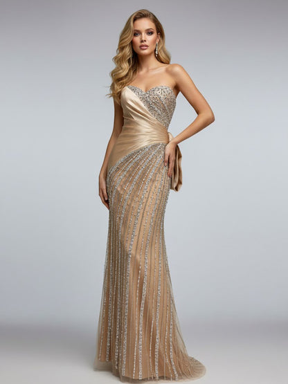 Nude Beading & Crystal Embellished Strapless Evening Gown - Asymmetrical Ruched Gala Dress MC20133