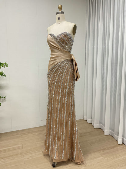Nude Beading & Crystal Embellished Strapless Evening Gown - Asymmetrical Ruched Gala Dress MC20133
