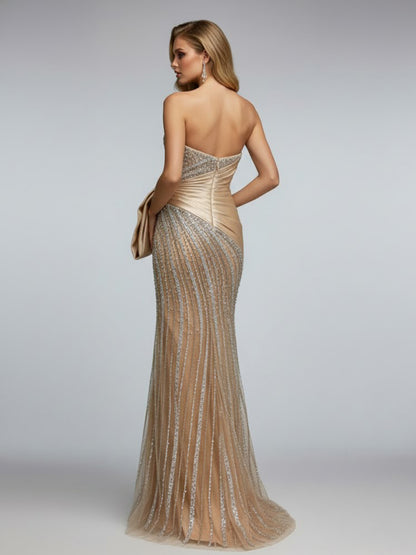 Nude Beading & Crystal Embellished Strapless Evening Gown - Asymmetrical Ruched Gala Dress MC20133