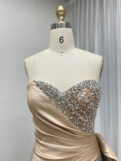 Nude Beading & Crystal Embellished Strapless Evening Gown - Asymmetrical Ruched Gala Dress MC20133