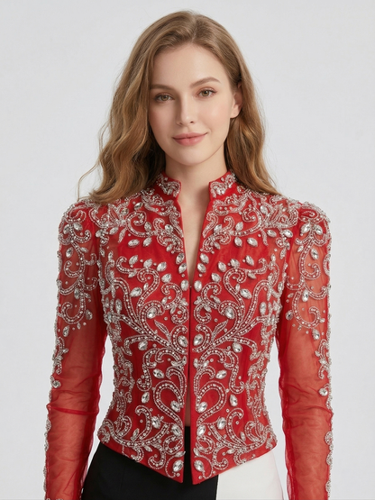 Red Beaded Evening Bolero Jacket with Sheer Sleeves MC20134