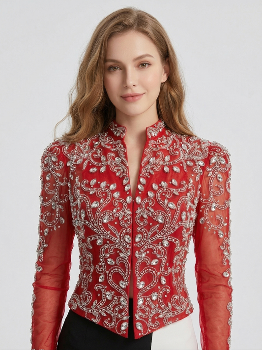 Red Beaded Evening Bolero Jacket with Sheer Sleeves MC20134