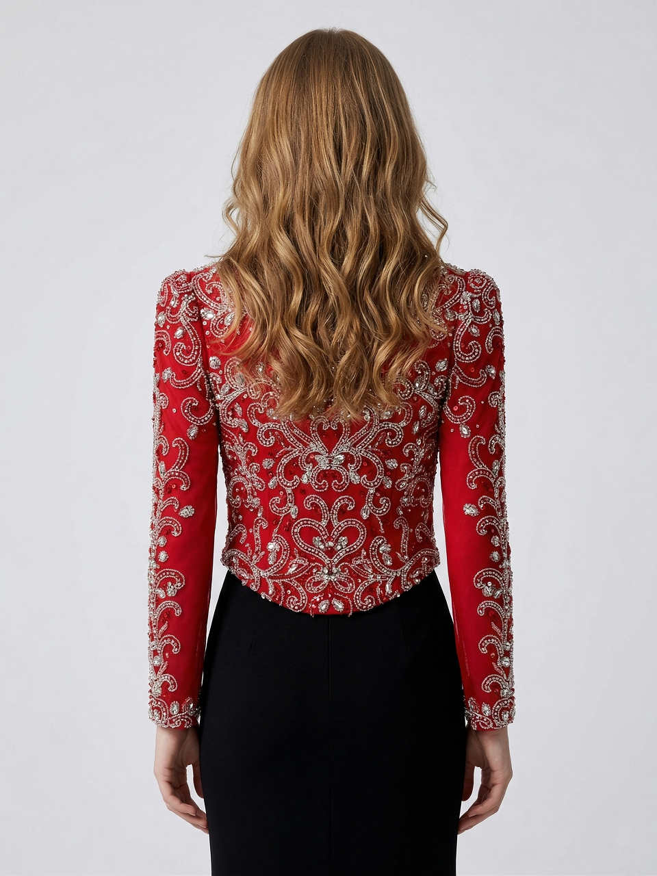 Red Beaded Evening Bolero Jacket with Sheer Sleeves MC20134