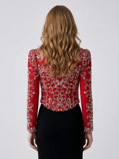Red Beaded Evening Bolero Jacket with Sheer Sleeves MC20134