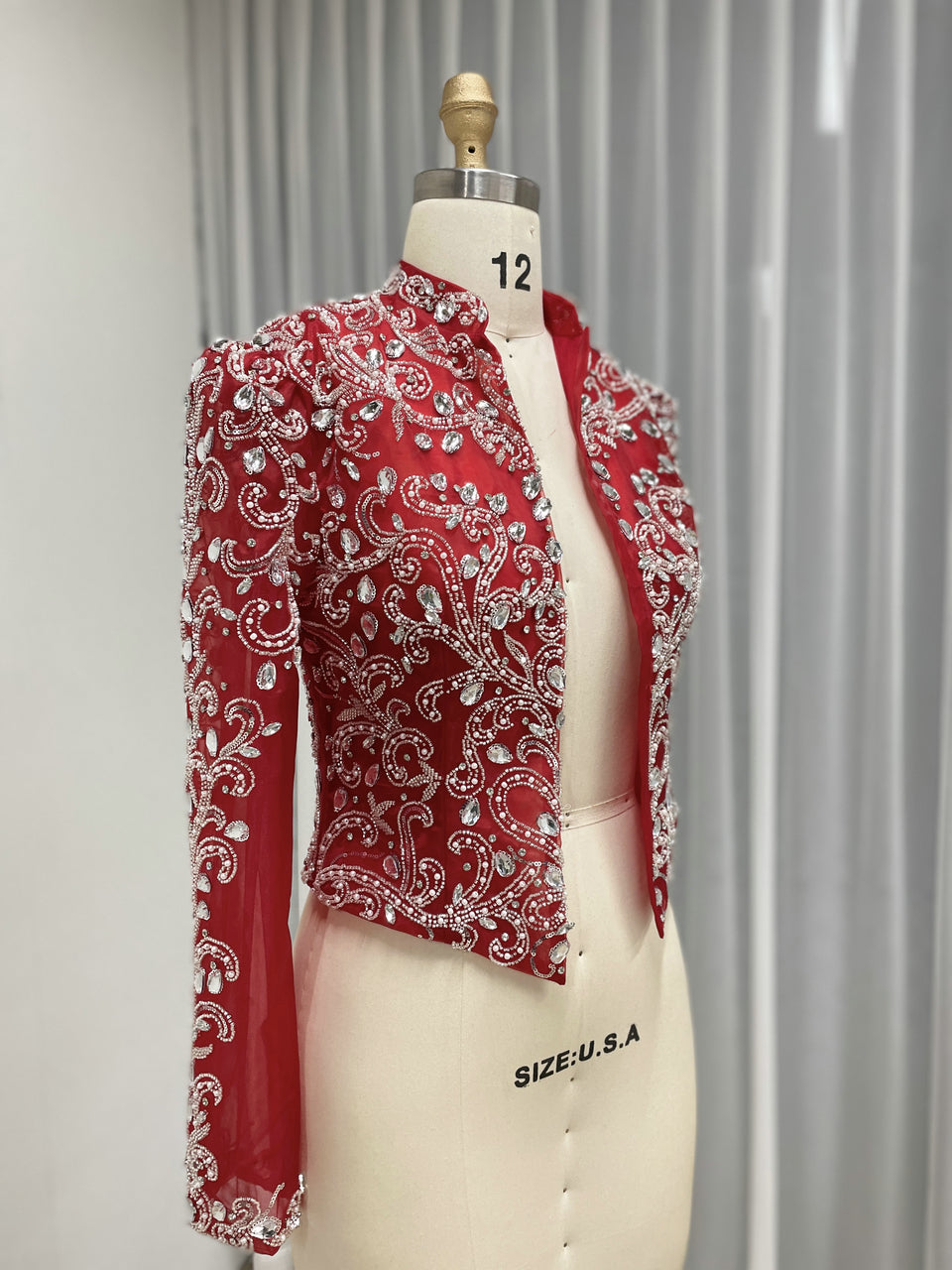 Red Beaded Evening Bolero Jacket with Sheer Sleeves MC20134
