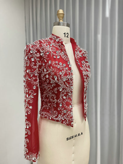 Red Beaded Evening Bolero Jacket with Sheer Sleeves MC20134