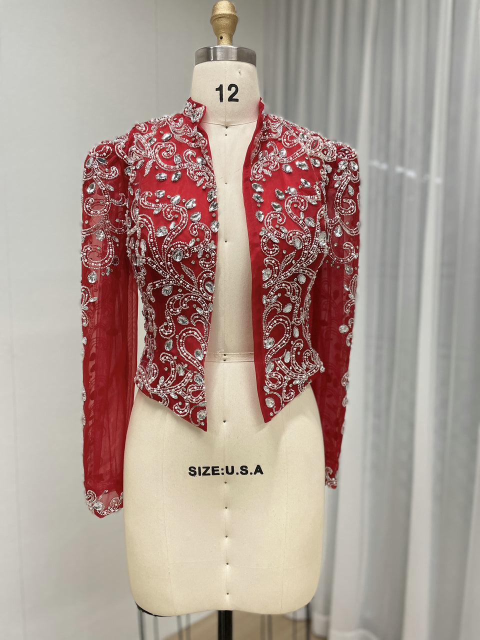 Red Beaded Evening Bolero Jacket with Sheer Sleeves MC20134