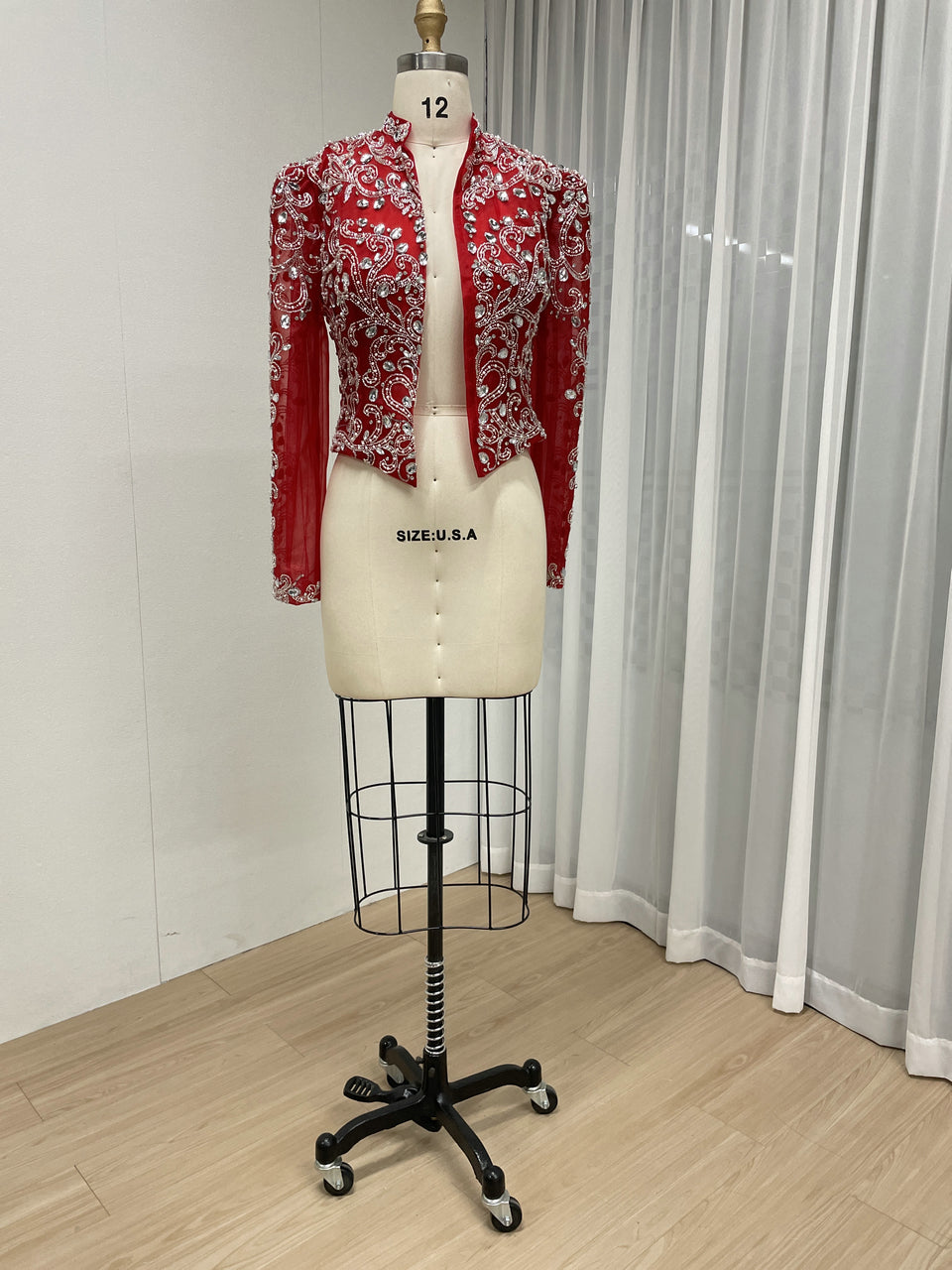 Red Beaded Evening Bolero Jacket with Sheer Sleeves MC20134