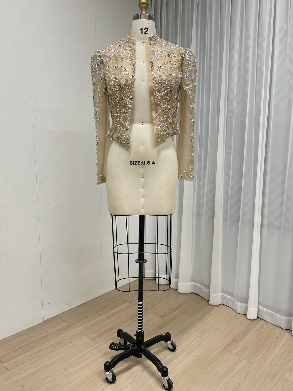 Red Beaded Evening Bolero Jacket with Sheer Sleeves MC20134