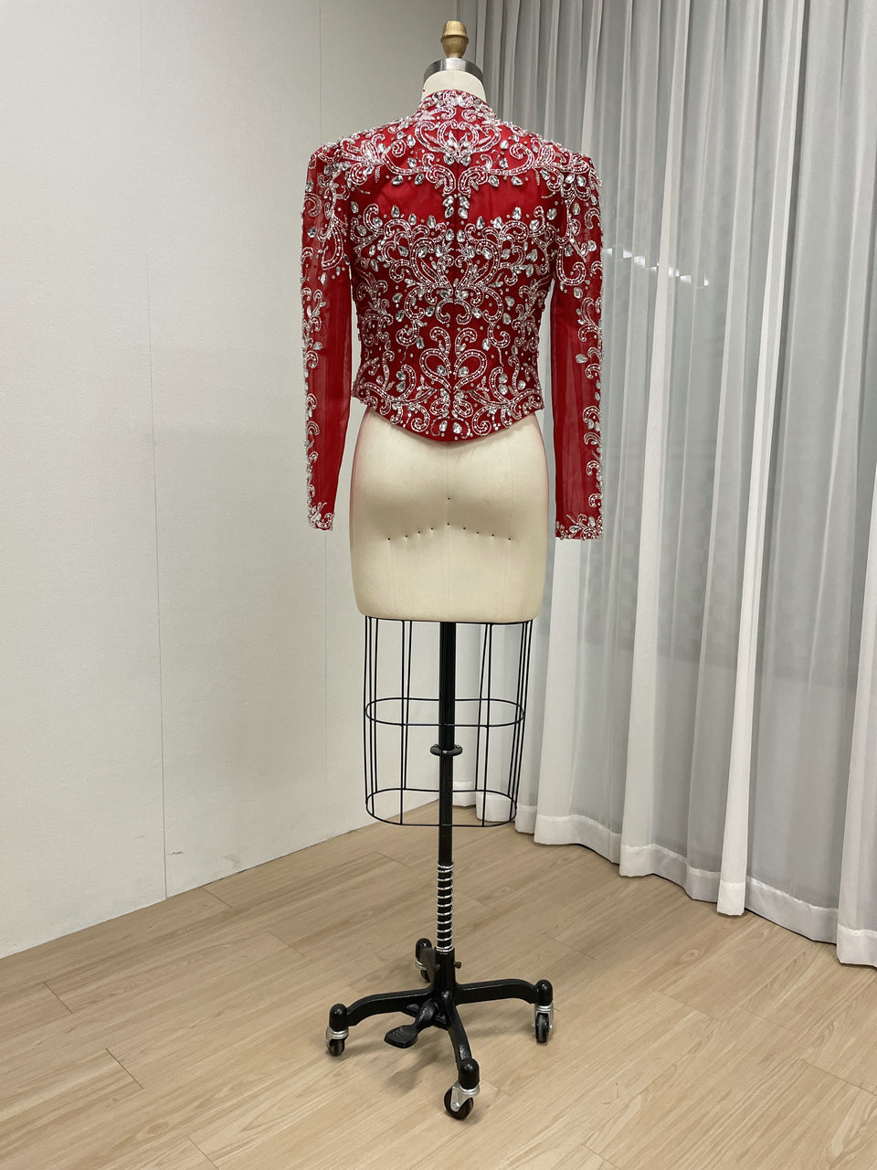Red Beaded Evening Bolero Jacket with Sheer Sleeves MC20134